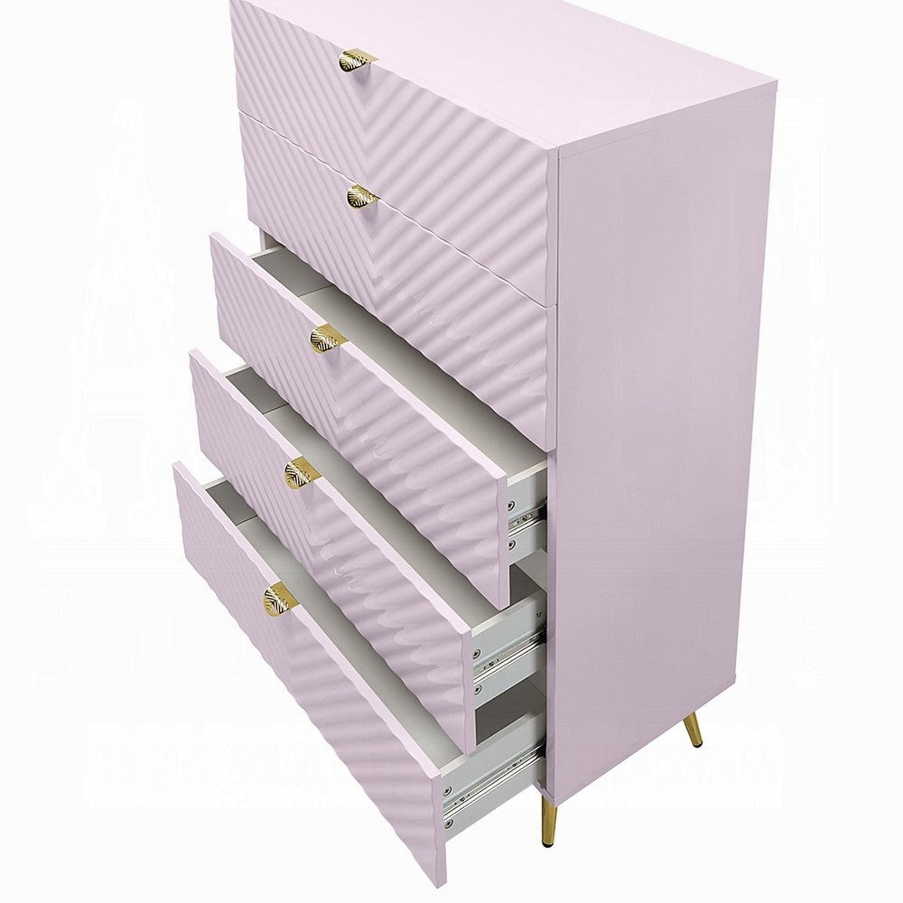 Tyra Tall Dresser Chest 5 Drawers Gold Gloss Pink Chevron Pattern BM327227