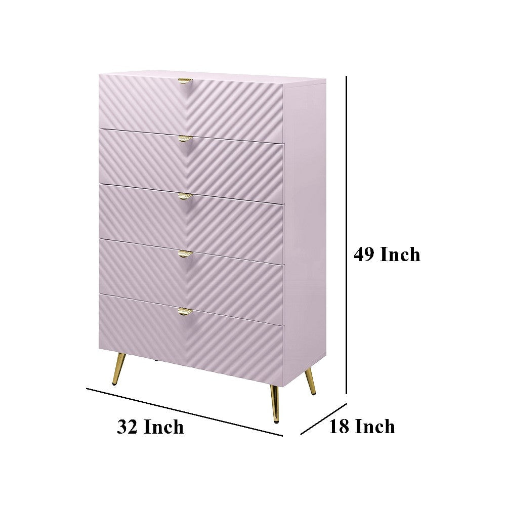 Tyra Tall Dresser Chest 5 Drawers Gold Gloss Pink Chevron Pattern BM327227