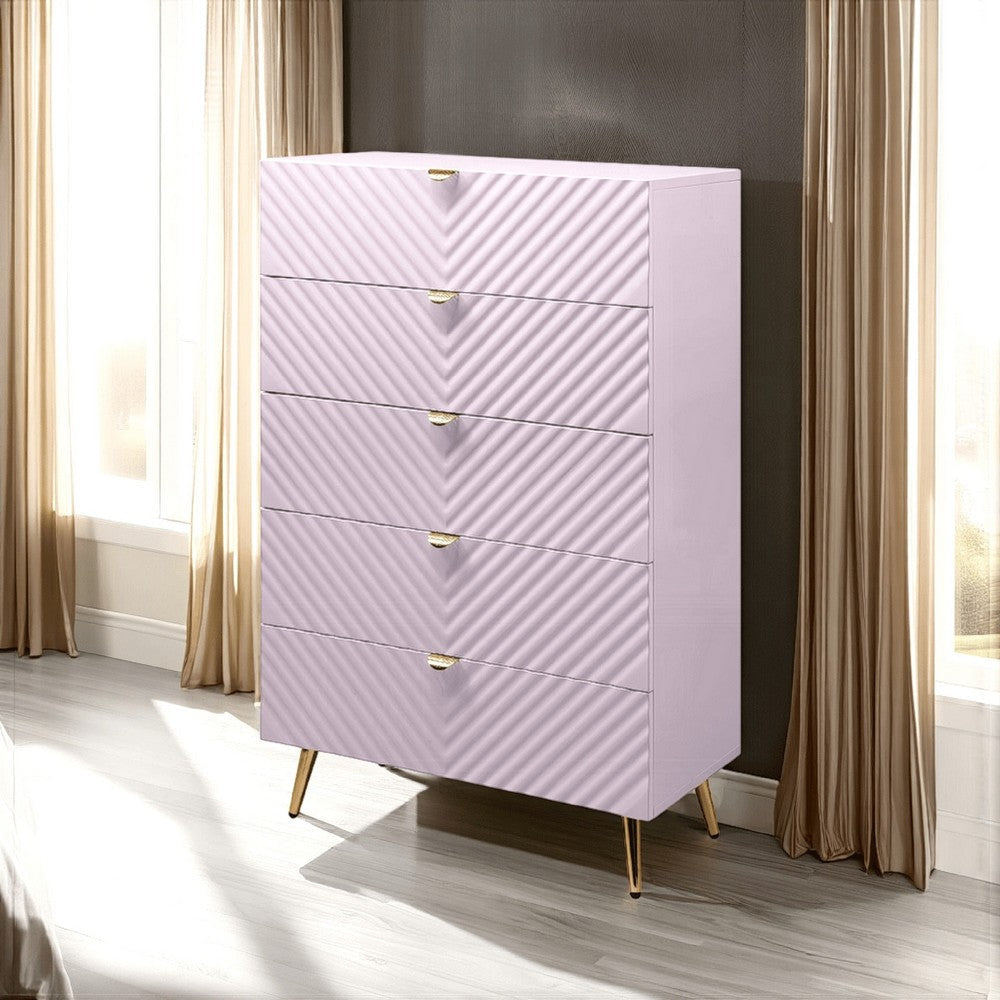 Tyra Tall Dresser Chest, 5 Drawers, Gold, Gloss Pink Chevron Pattern