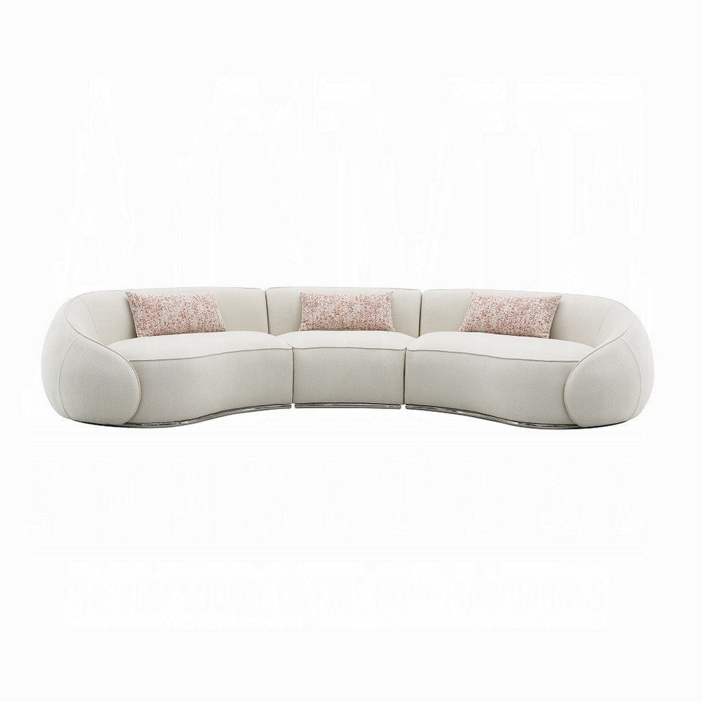 Sarah Sectional Sofa, 3 Pillows, Beige Boucle Fabric, Curved Shape