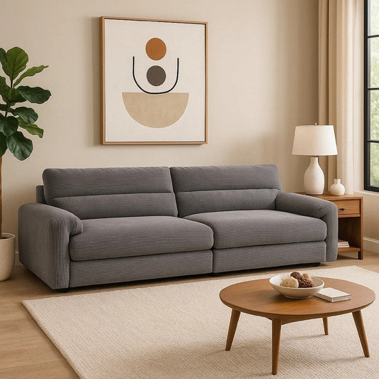 Enzo Sofa, Rolled Cushioned Armrests, Modern Gray Corduroy Upholstery