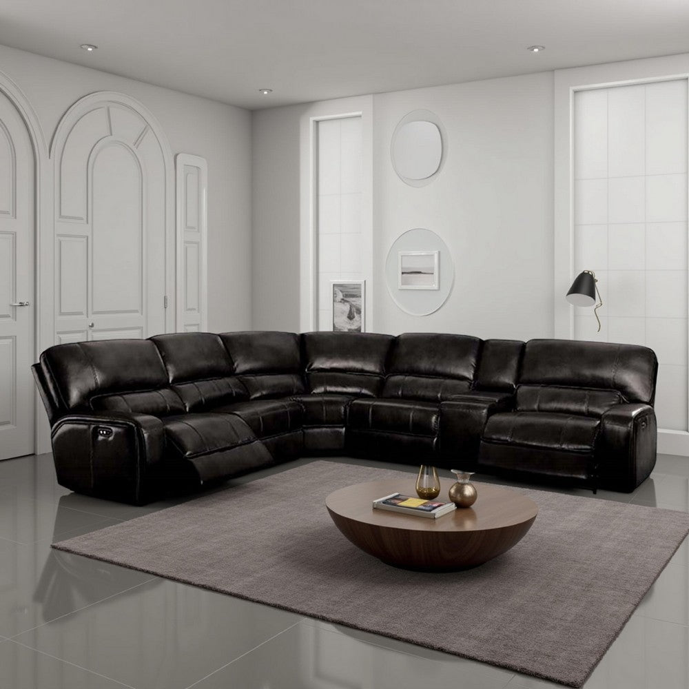 Saley Power Motion Sectional Sofa, USB, Black Faux Leather, Console