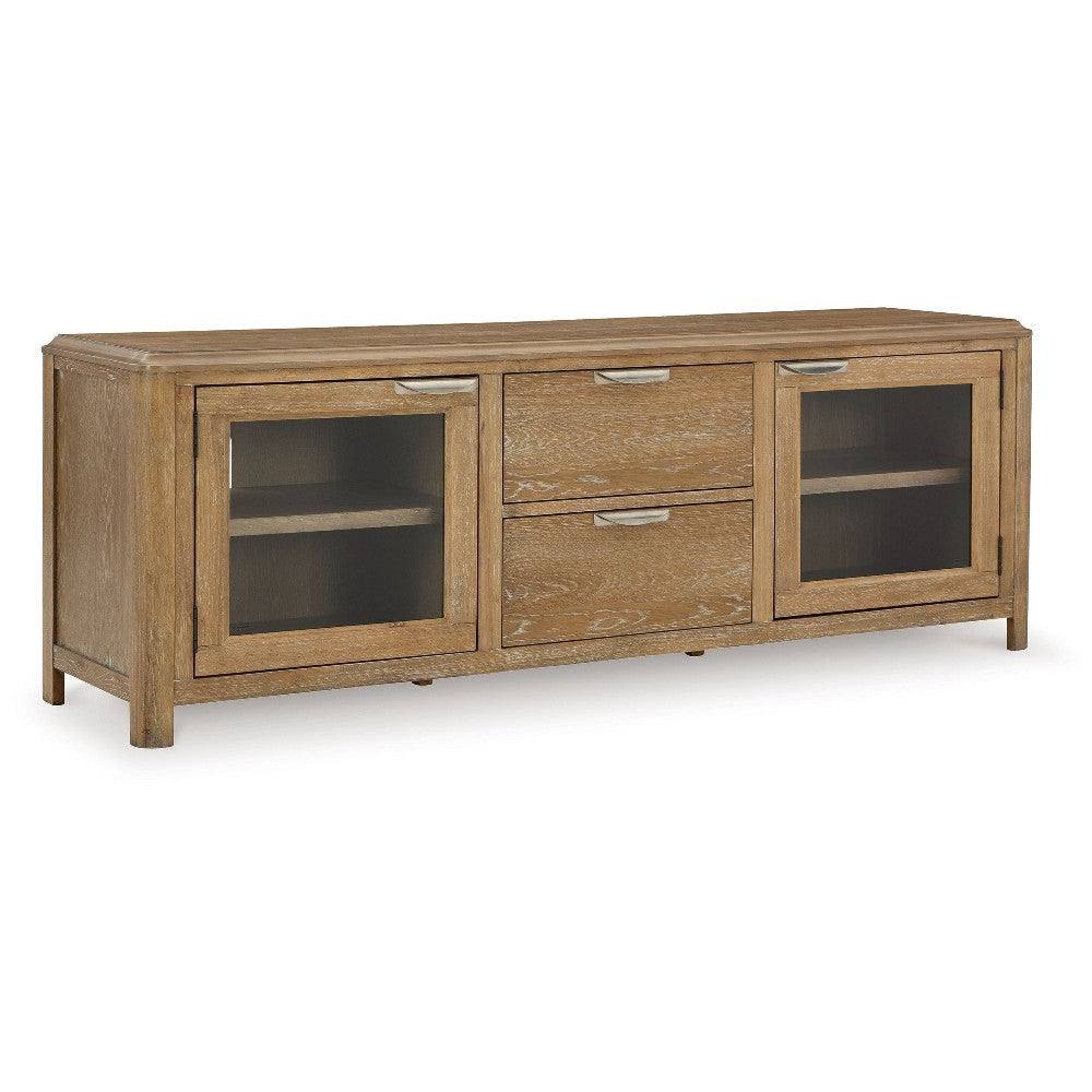 Ashley Cotty TV Media Console | Light Brown Rubberwood | Glass Door | 80"