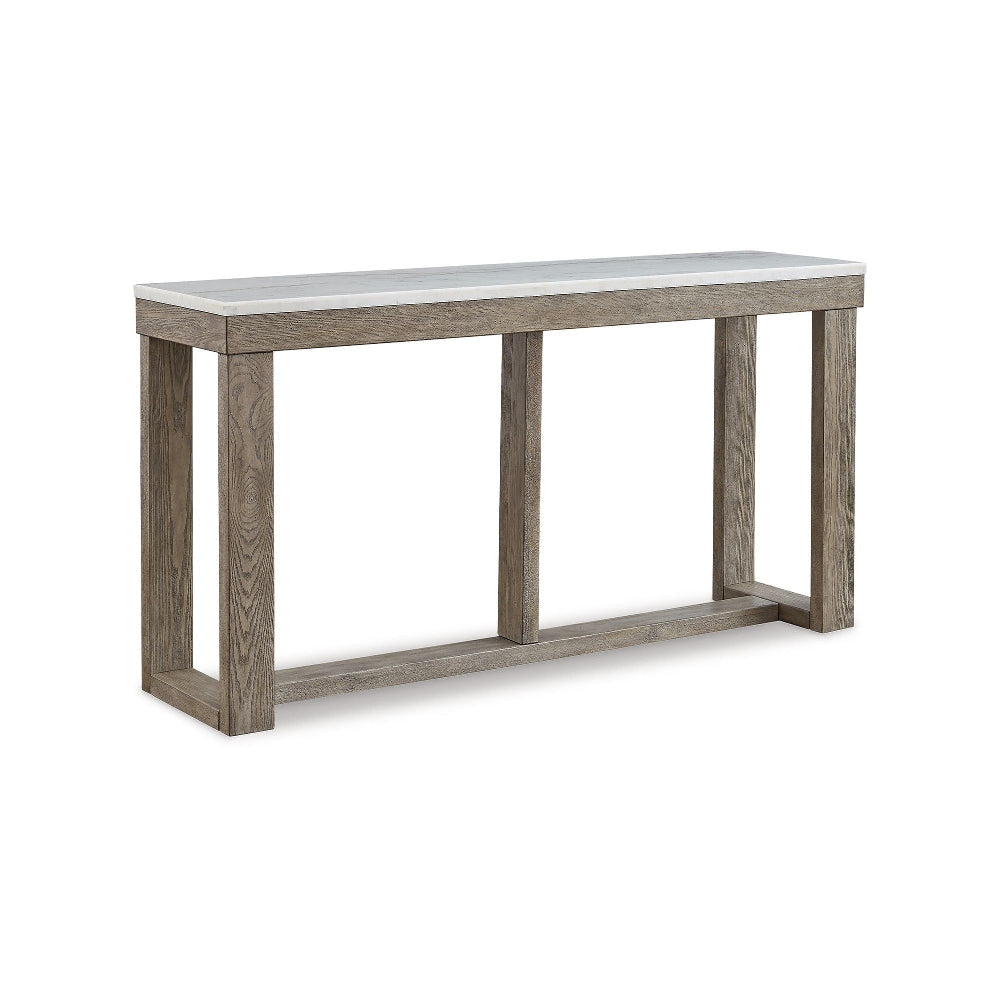 Ashley Aska Sofa Console Table | Block Profile | Marble Top | 64" Taupe Gray