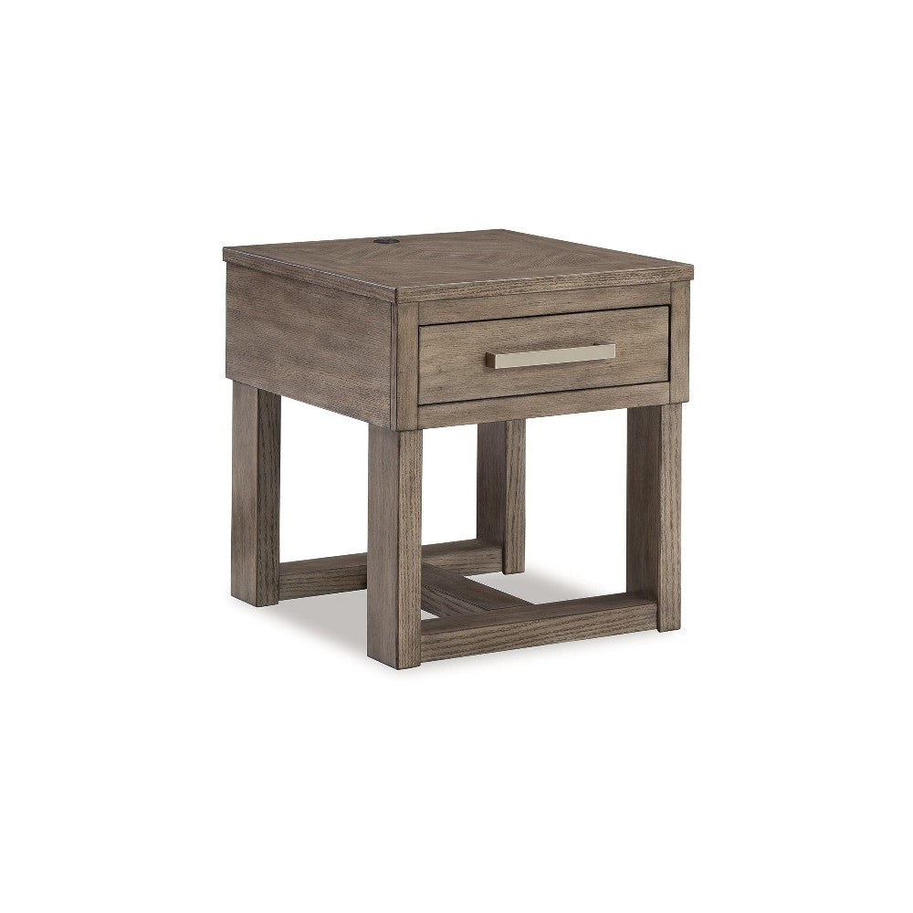 Ashley Aska Rectangular Side End Table with Drawer | USB Port | 24" Gray