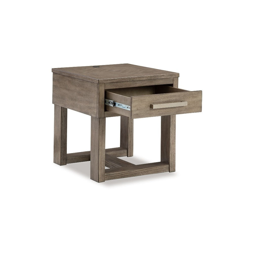 Ashley Aska Rectangular Side End Table with Drawer | USB Port | 24’’ Gray BM327343