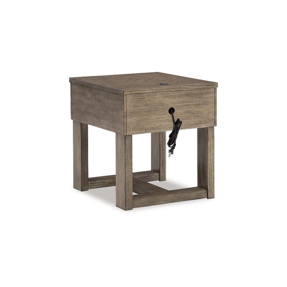 Ashley Aska Rectangular Side End Table with Drawer | USB Port | 24’’ Gray BM327343