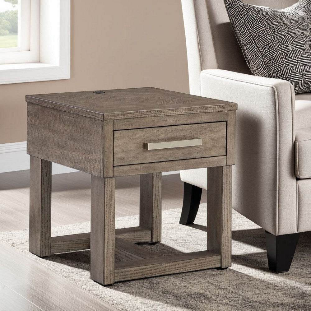 Ashley Aska Rectangular Side End Table with Drawer | USB Port | 24" Gray