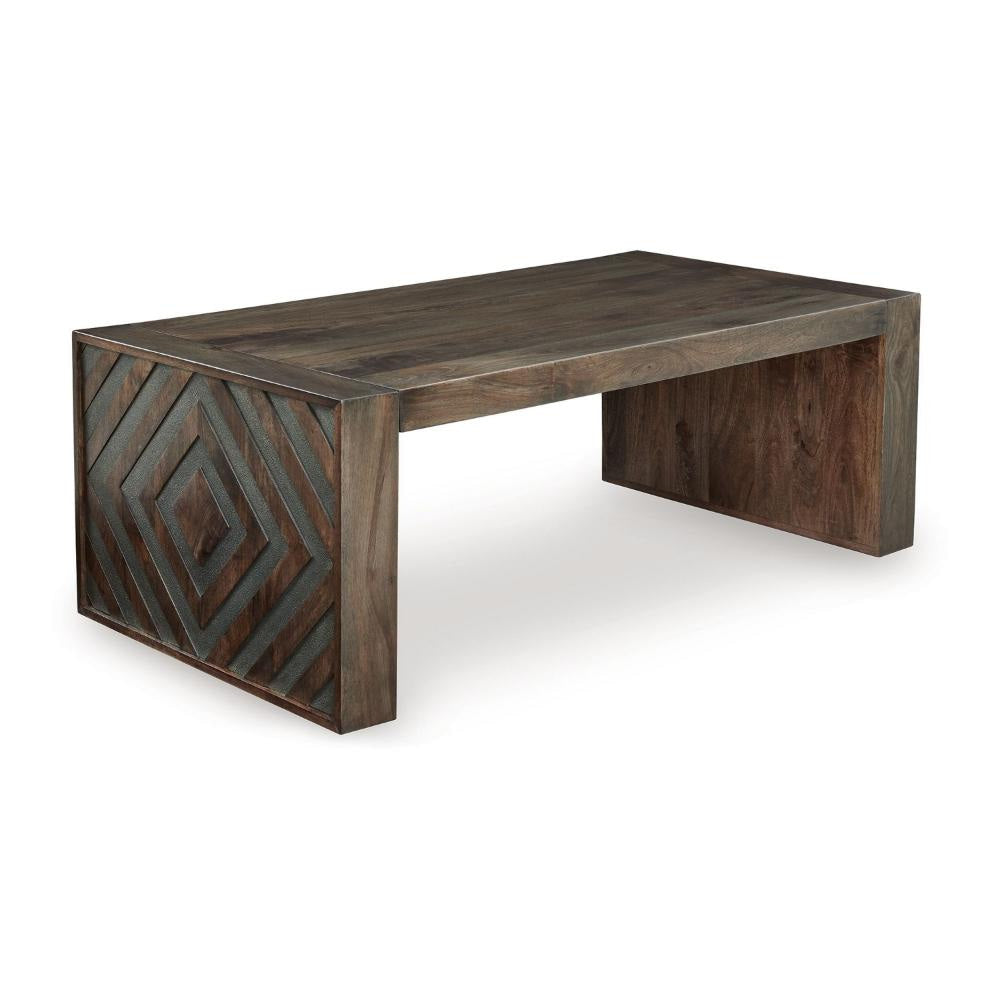 Ashley Dreg 3pc Cocktail Coffee Table and 2 Ottoman Set | Brown Panel Legs