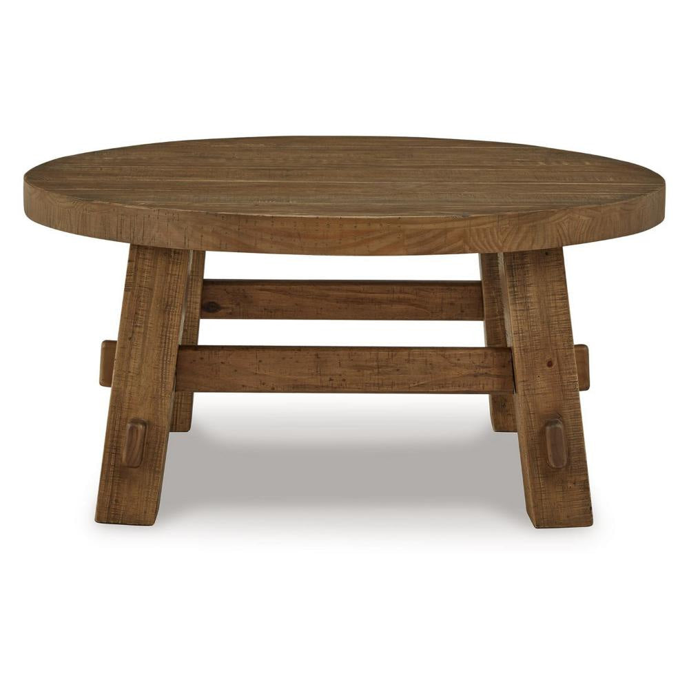 Ashley Ack Round Cocktail Coffee Table | Block Legs | 40’’ Brown Pine Wood BM327352