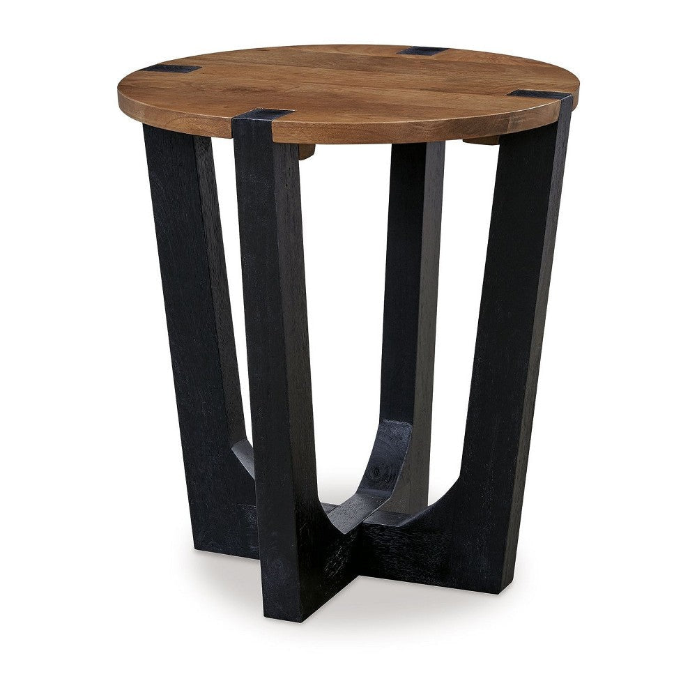 Ashley Leyi Round Side End Table | Black Angled Legs | 22" Brown Mango Wood
