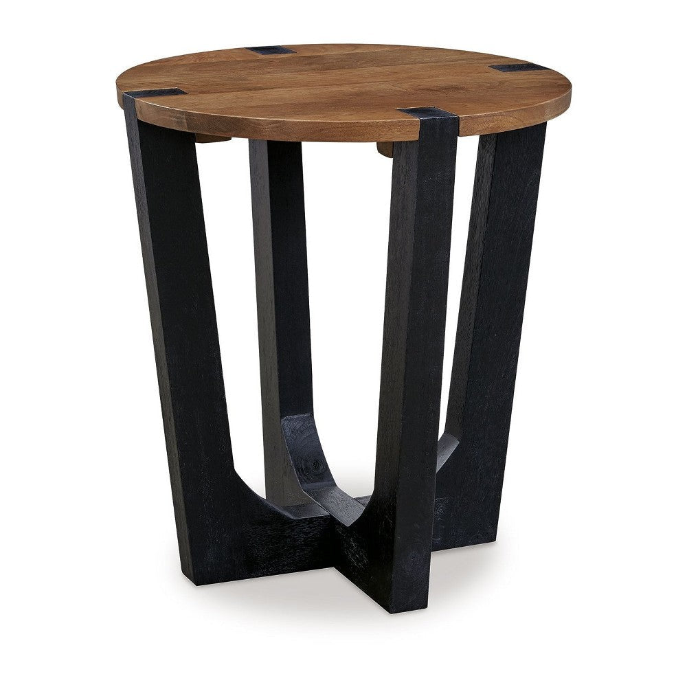 Ashley Leyi Round Side End Table | Black Angled Legs | 22’’ Brown Mango Wood BM327353