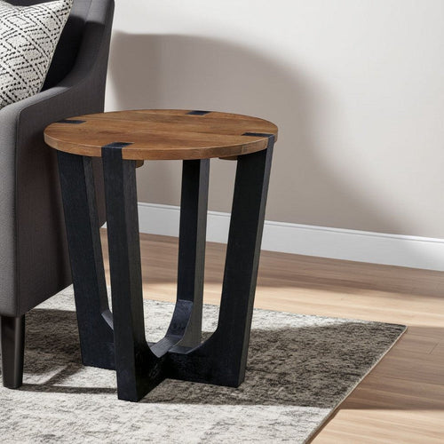 Ashley Leyi Round Side End Table | Black Angled Legs | 22" Brown Mango Wood
