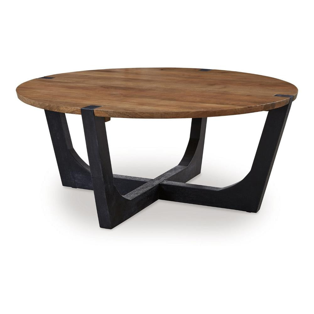 Ashley Leyi Round Coffee Table | Angled Legs | 44’’ Brown Mango Wood Top BM327354