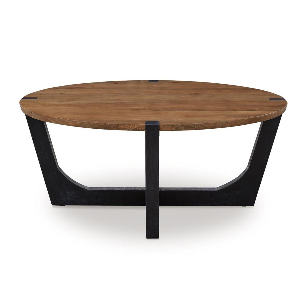 Ashley Leyi Round Coffee Table | Angled Legs | 44" Brown Mango Wood Top