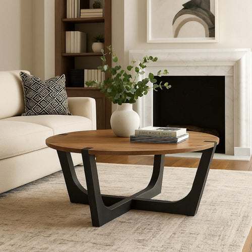 Ashley Leyi Round Coffee Table | Angled Legs | 44" Brown Mango Wood Top