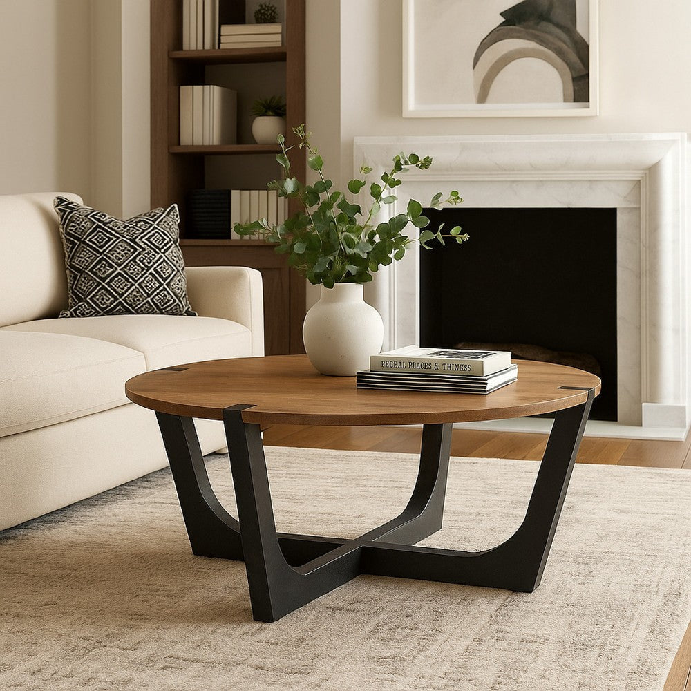 Ashley Leyi Round Coffee Table | Angled Legs | 44" Brown Mango Wood Top