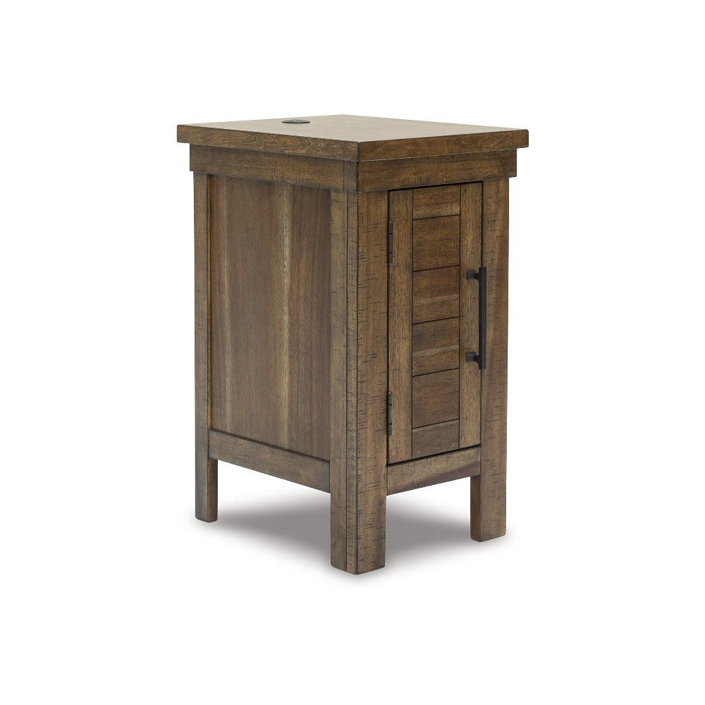 Ashley Chip Chairside End Table | Cabinet | 2 USB Ports | 17" Brown Wood