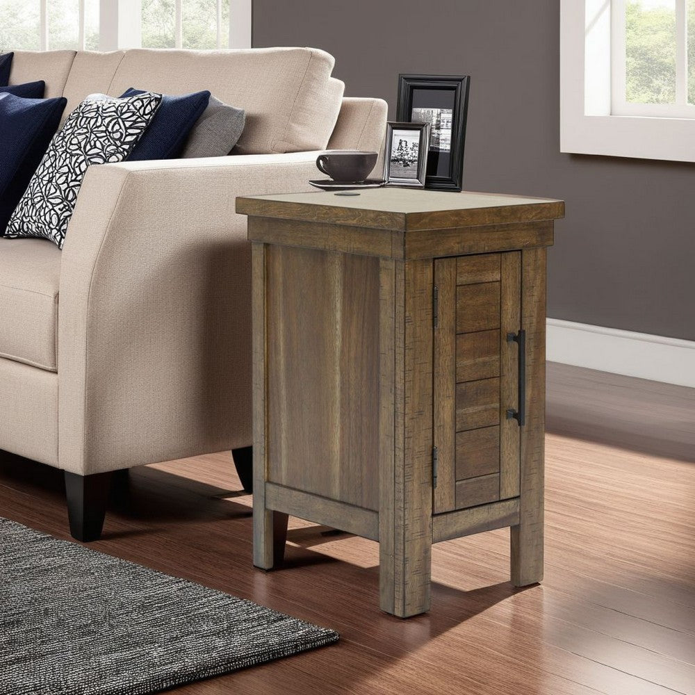 Ashley Chip Chairside End Table | Cabinet | 2 USB Ports | 17" Brown Wood