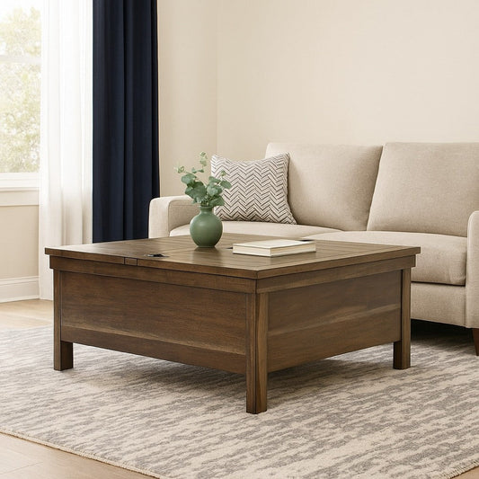 Ashley Chip Lift Top Coffee Table | Hidden Storage | 36" Brown Acacia Wood