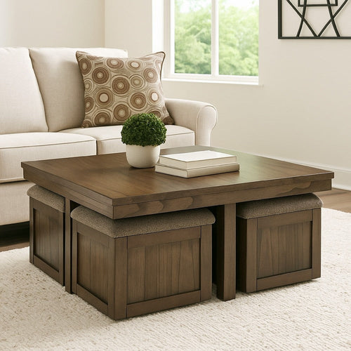 Ashley Olaf Coffee Table and 4 Nesting Stools Set | Brown Wood | Polyester