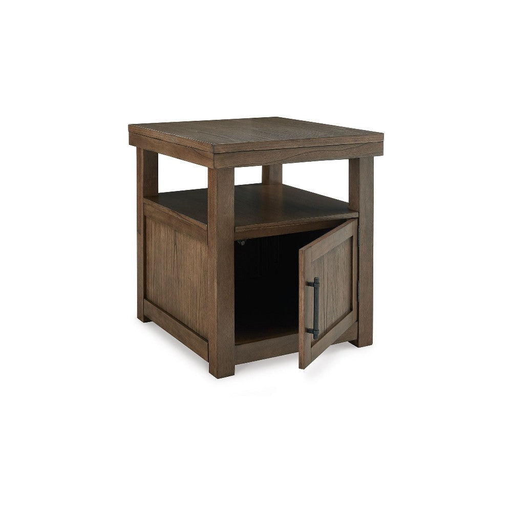 Ashley Olaf Side End Table | Open Shelf and Cabinet | 26’’ Brown Acacia Wood BM327361
