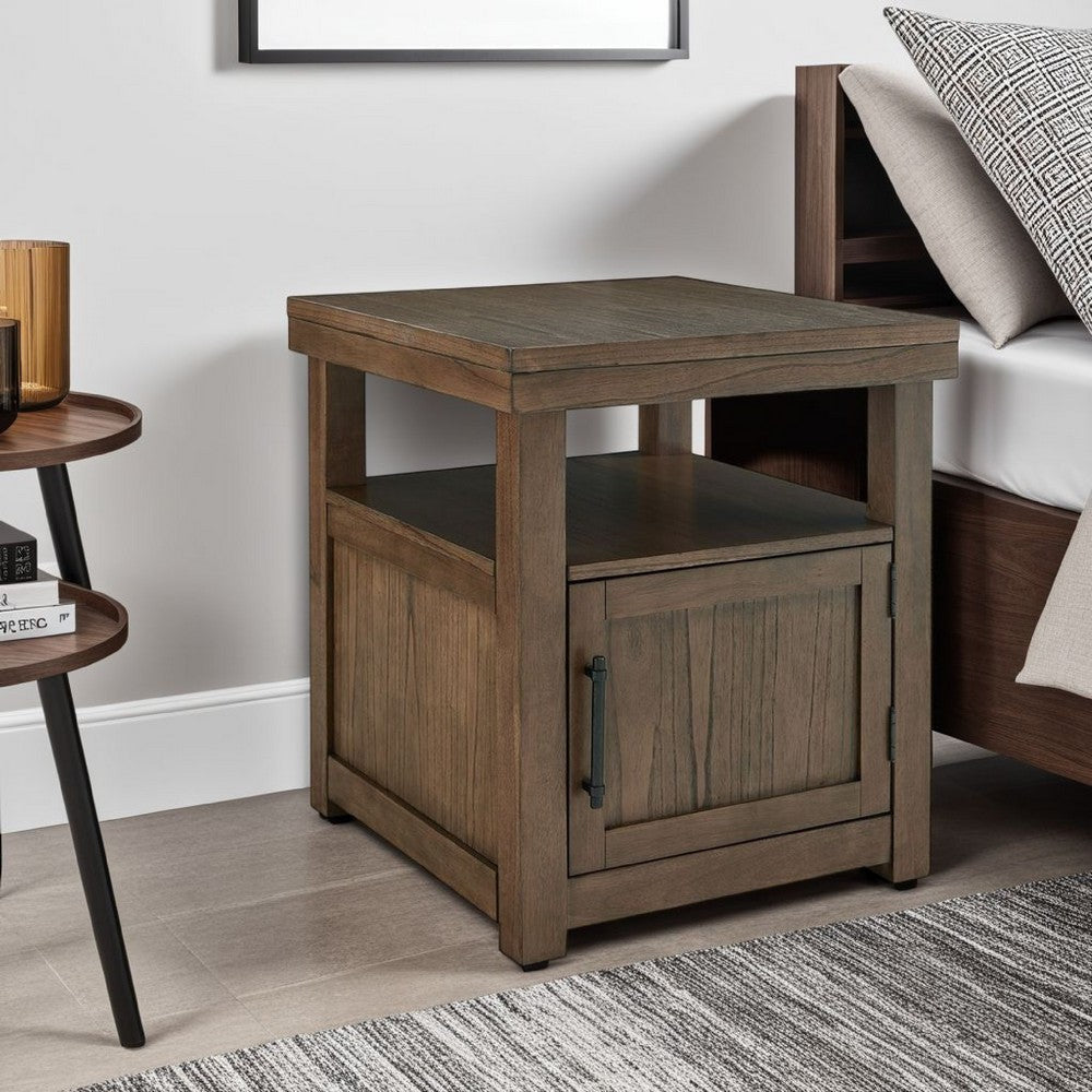 Ashley Olaf Side End Table | Open Shelf and Cabinet | 26" Brown Acacia Wood