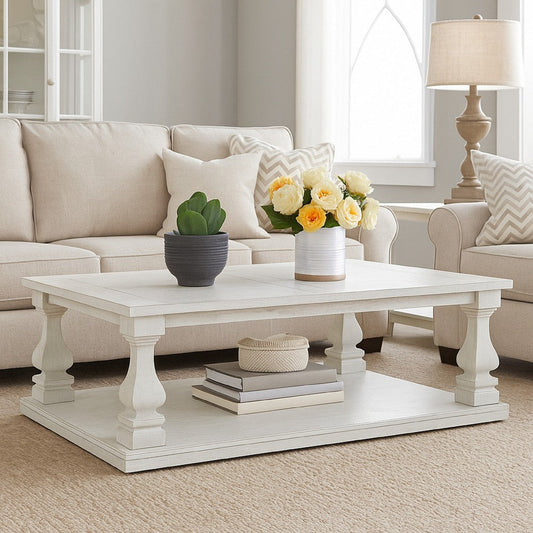 Ashley Dyne Cocktail Coffee Table | Plank Top | Balusters | 54" White Wood