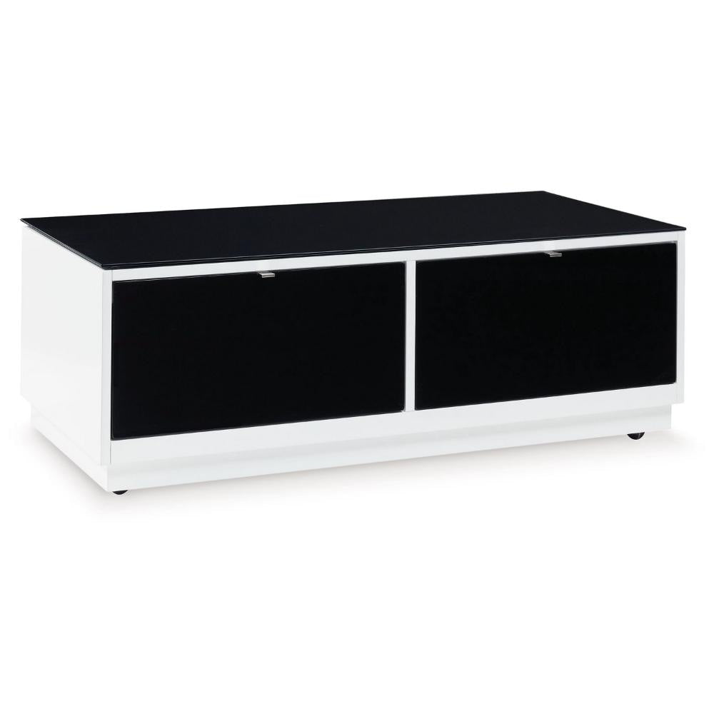 Ashley Tonny Cocktail Coffee Table | 2 Drawer | Black Glass Top | White Wood