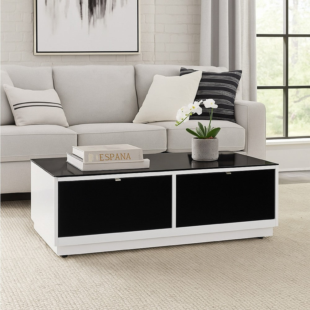 Ashley Tonny Cocktail Coffee Table | 2 Drawer | Black Glass Top | White Wood