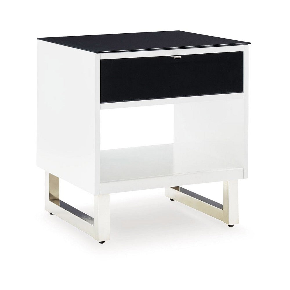 Ashley Tonny Side End Table | Drawer and Shelf | Black Glass | White | 22"