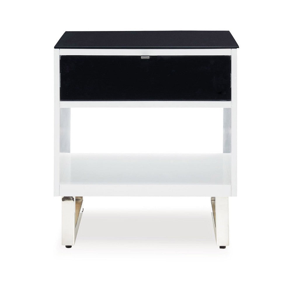 Ashley Tonny Side End Table | Drawer and Shelf | Black Glass | White | 22’’ BM327369