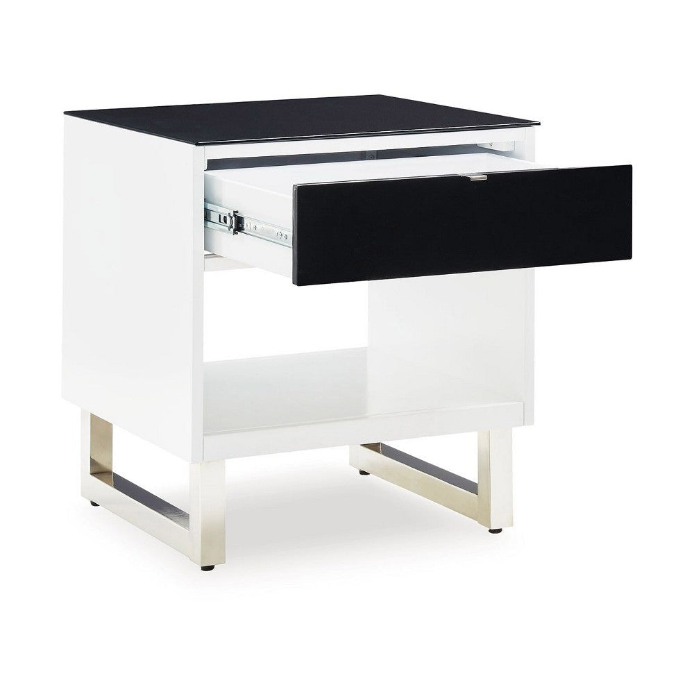 Ashley Tonny Side End Table | Drawer and Shelf | Black Glass | White | 22’’ BM327369