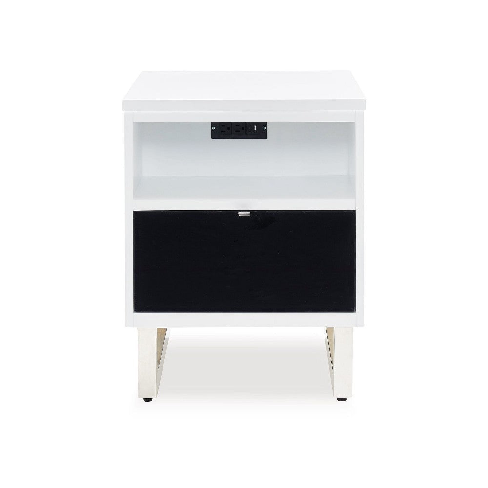 Ashley Tonny Chair Side Table | Dual USB Ports | Black Glass | White | 24’’ BM327370