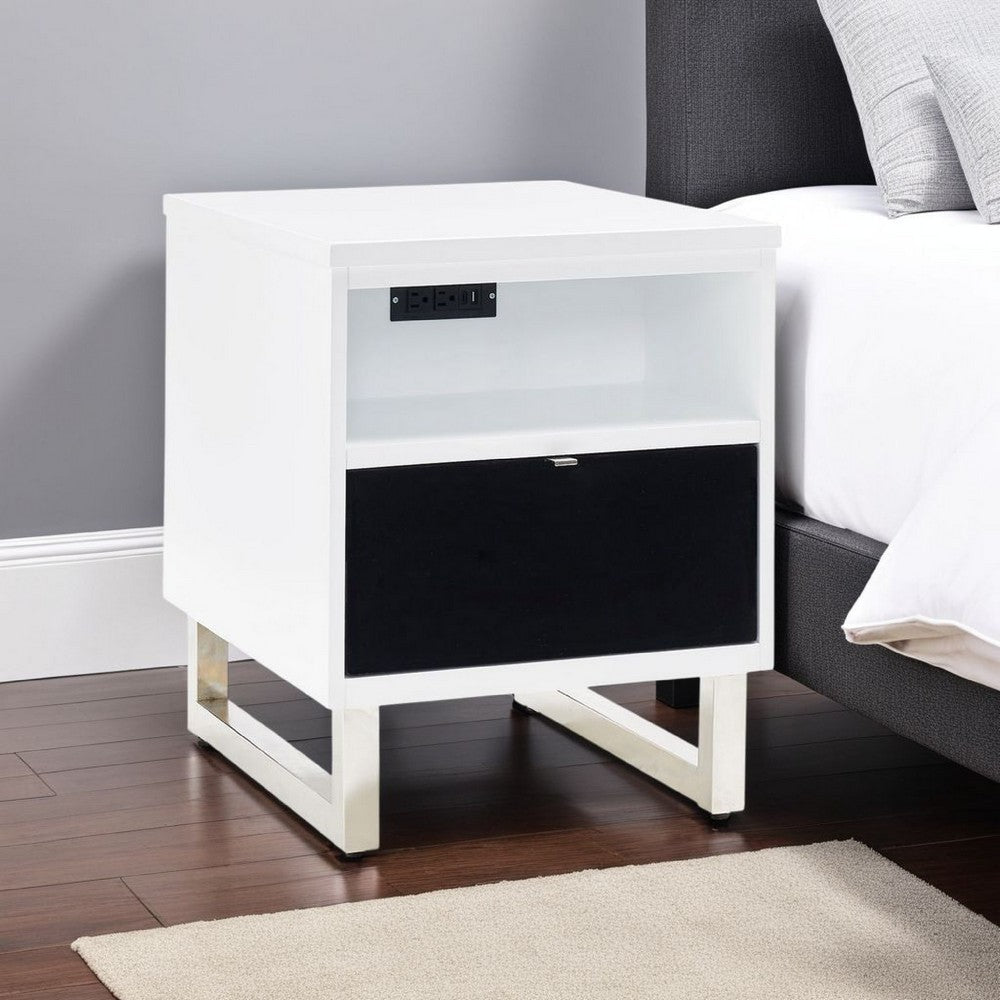 Ashley Tonny Chair Side Table | Dual USB Ports | Black Glass | White | 24"