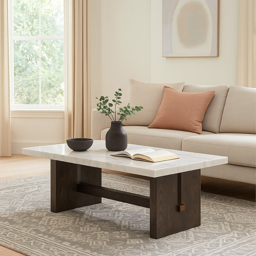 Ashley Haus Cocktail Coffee Table | Marble Top | Panel Legs | 52" Brown Wood