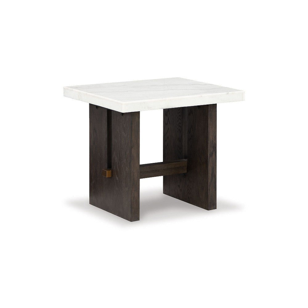 Ashley Haus Side End Table | Marble Top | Panel Legs | 26" Brown Solid Wood