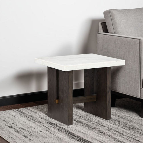 Ashley Haus Side End Table | Marble Top | Panel Legs | 26" Brown Solid Wood