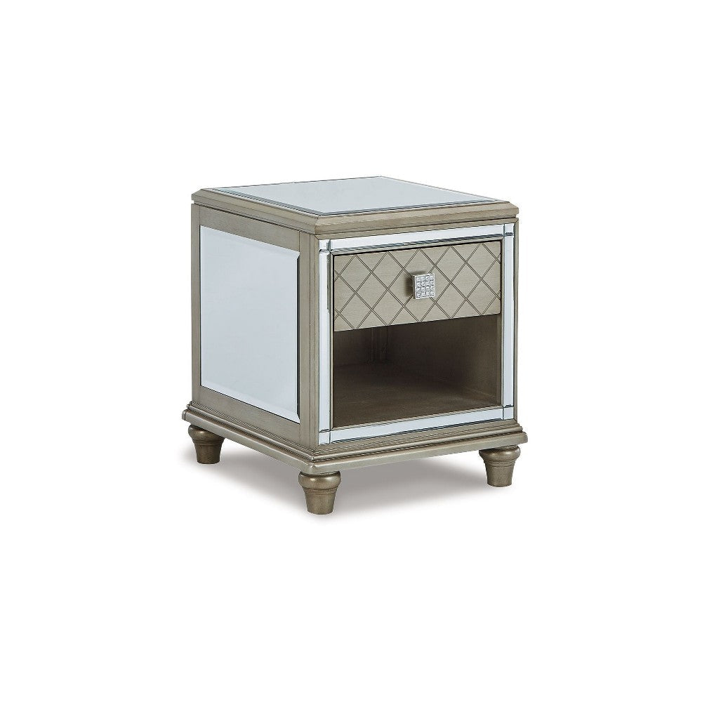 Ashley Vanna Side End Table | 1 Drawer | 1 Open Shelf | Platinum Wood | 24"