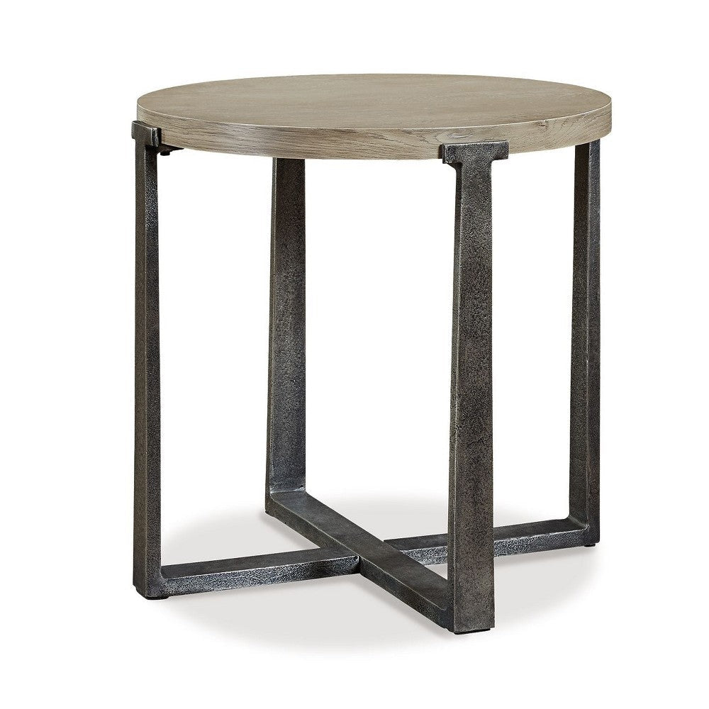 Ashley Dalen Side End Table | Round Gray Oak Veneer Top | Metal Base | 24"