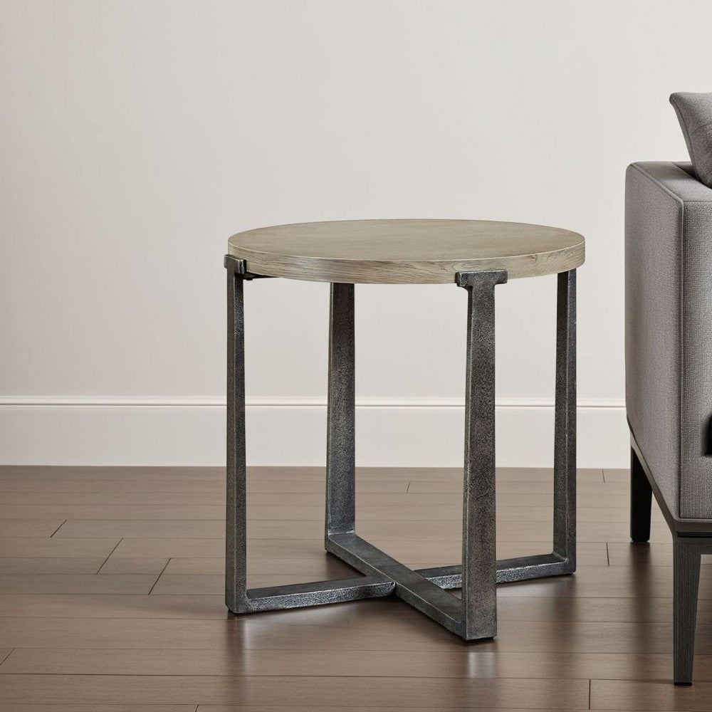 Ashley Dalen Side End Table | Round Gray Oak Veneer Top | Metal Base | 24"