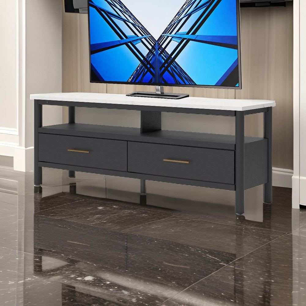 Ashley Mooran Large TV Media Console | Shelf | 2 Drawers | Black | White 71"