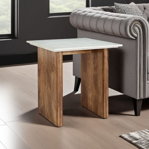 Ashley Wrenn Side End Table | Marble Top | 24" Rectangular Brown Mango Wood