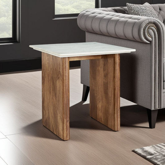 Ashley Wrenn Side End Table | Marble Top | 24" Rectangular Brown Mango Wood