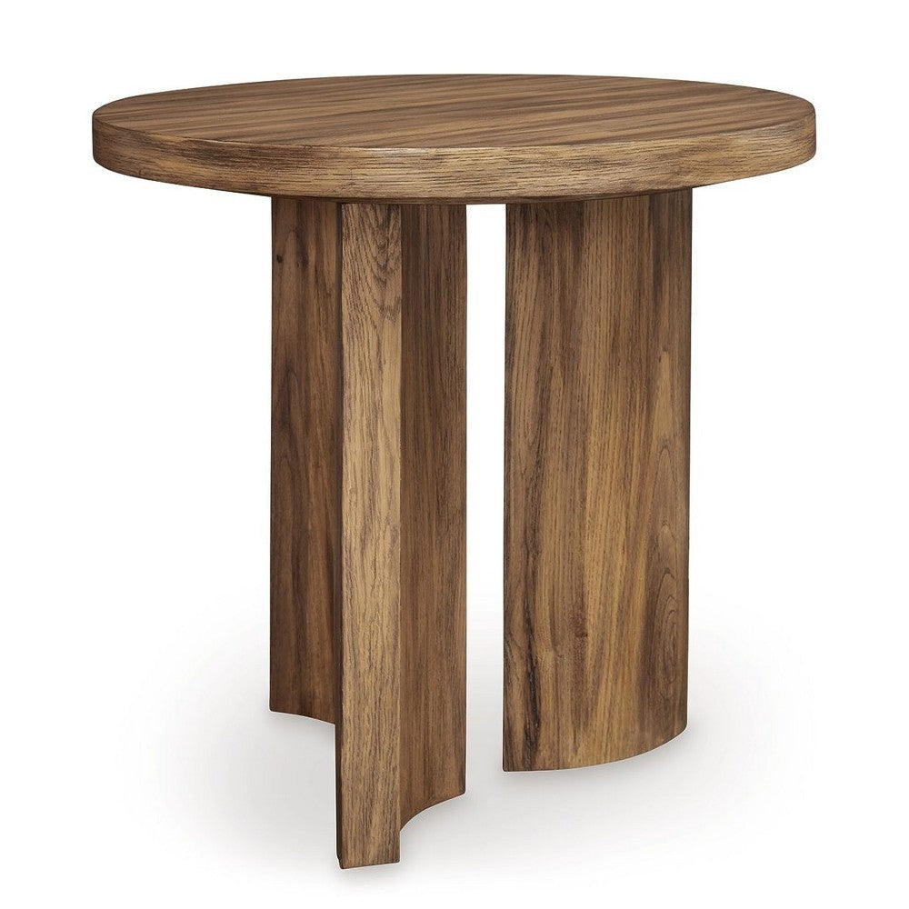 Ashley Anny Side End Table | Round Curved Plinth 24" Warm Brown Oak Veneer