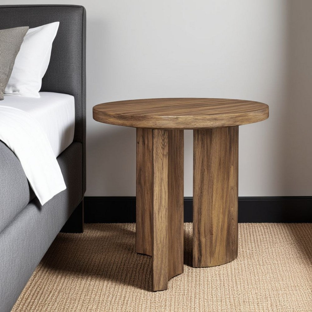 Ashley Anny Side End Table | Round Curved Plinth 24" Warm Brown Oak Veneer