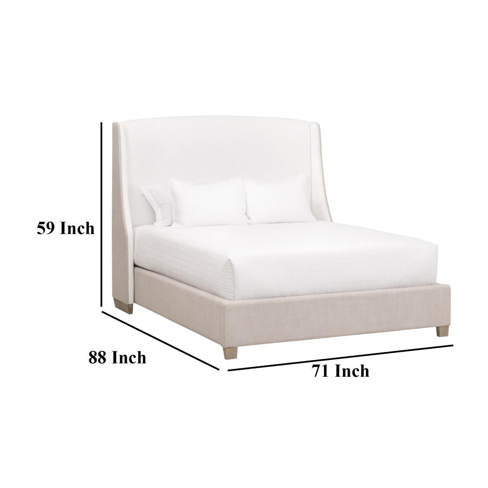 Leo Queen Size Bed Wingback Design Solid Oak Beige Upholstery