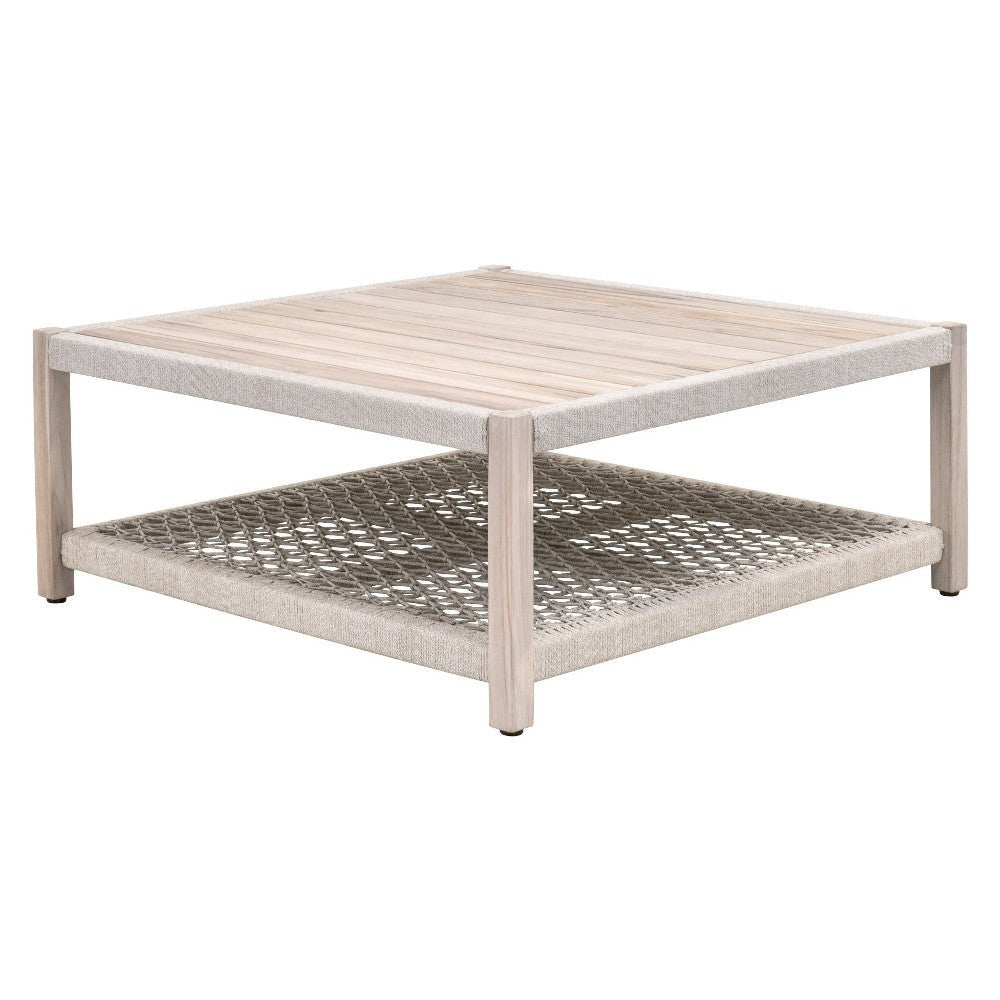 Xim Patio Coffee Table, 42 Inch Square, Slatted, Taupe Rope, Gray Teak