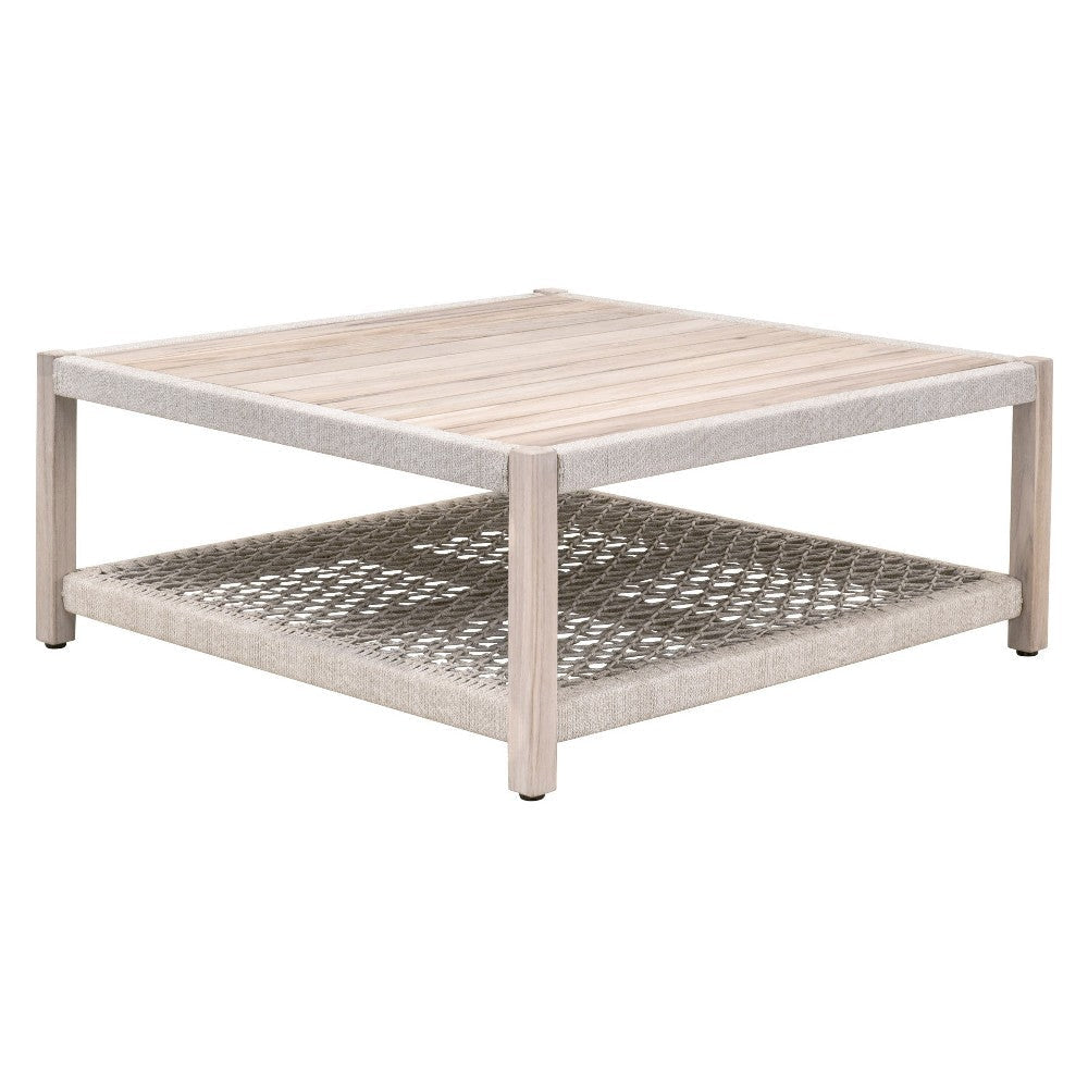 Xim Patio Coffee Table 42 Inch Square Slatted Taupe Rope Gray Teak BM327443