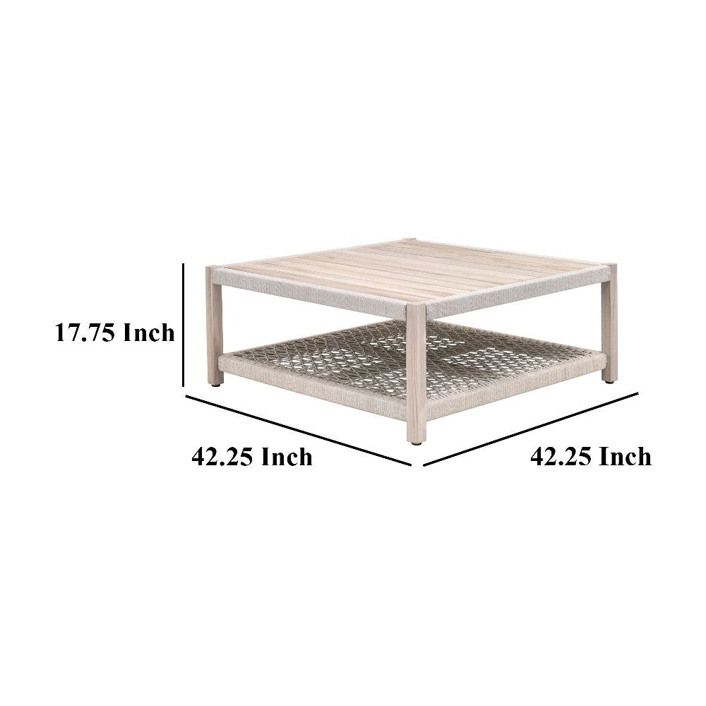 Xim Patio Coffee Table 42 Inch Square Slatted Taupe Rope Gray Teak BM327443